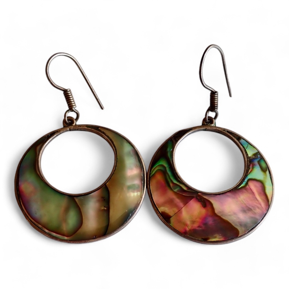 Vintage Mexico Alpaca Inlay Abalone Shell Signed Earrings Hoop Dangle Pierced